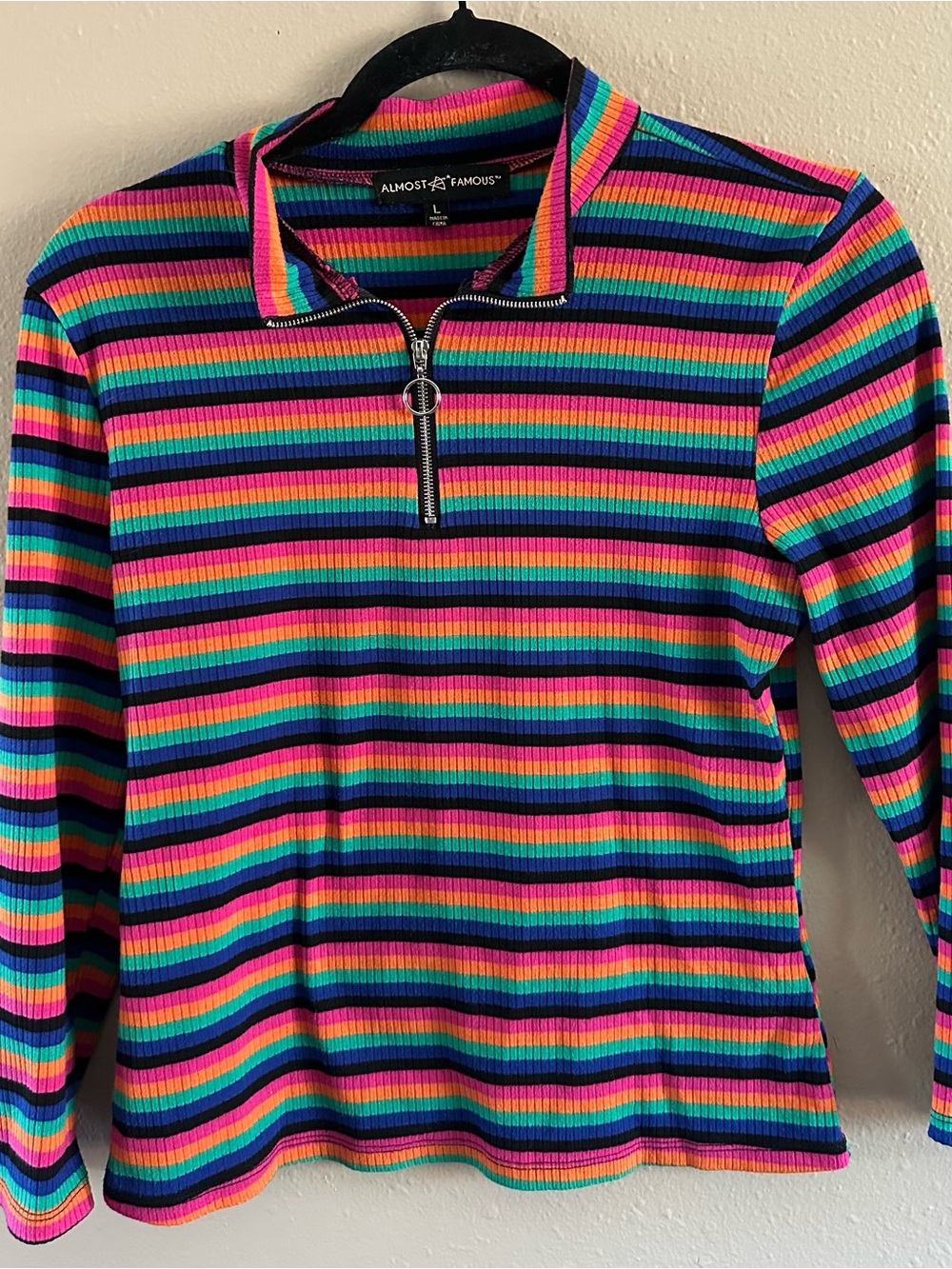 Almost Famous Girls' Rainbow Stripe Zip-Front Long Sleeve Top